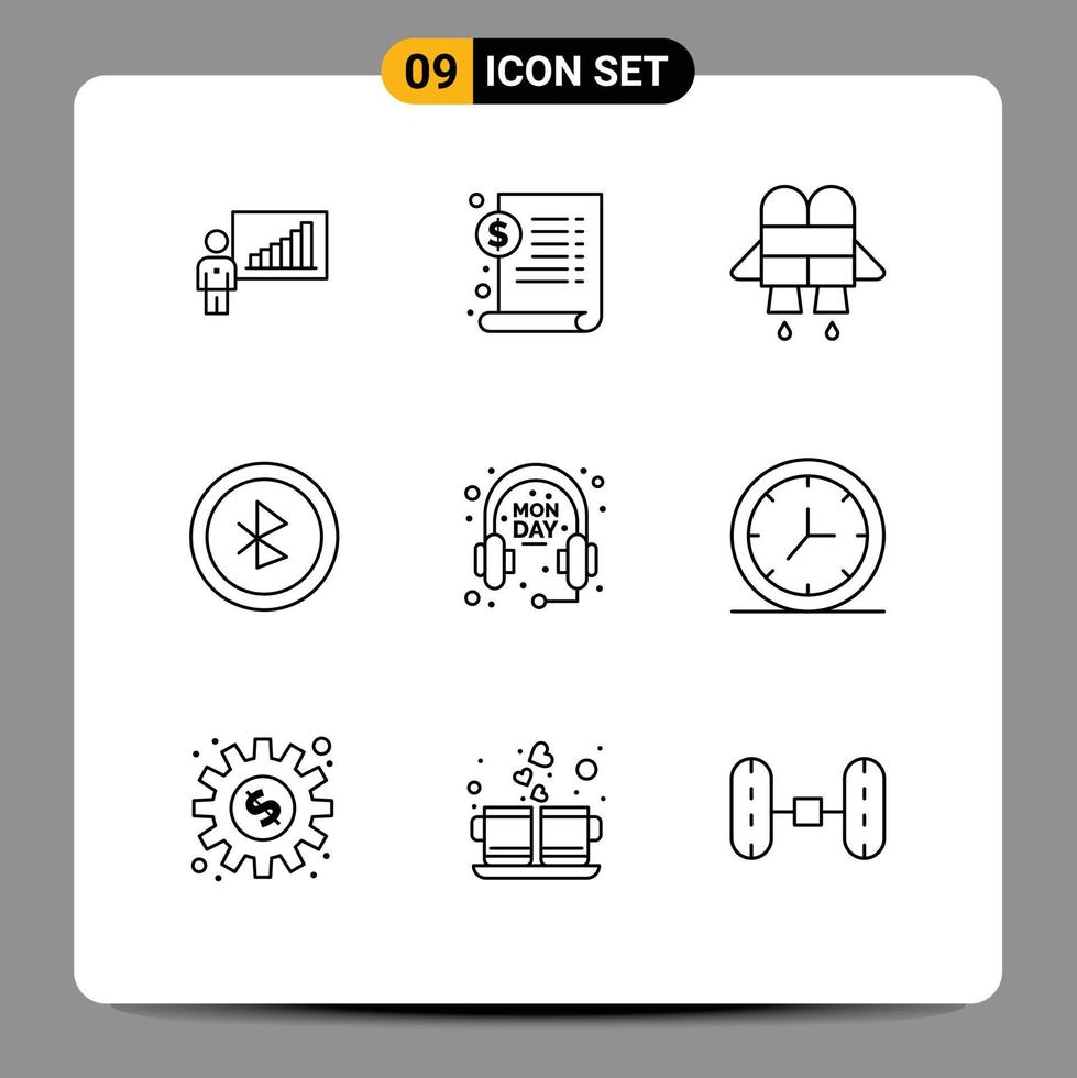 9 Universal Outlines Set for Web and Mobile Applications clock headphone dollar ecommerce ui Editable Vector Design Elements