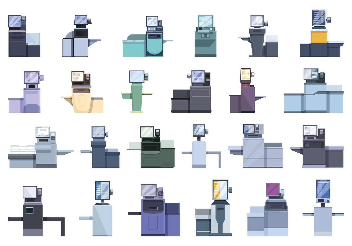 Self-service at the checkout icons set cartoon vector. Cash scan vector