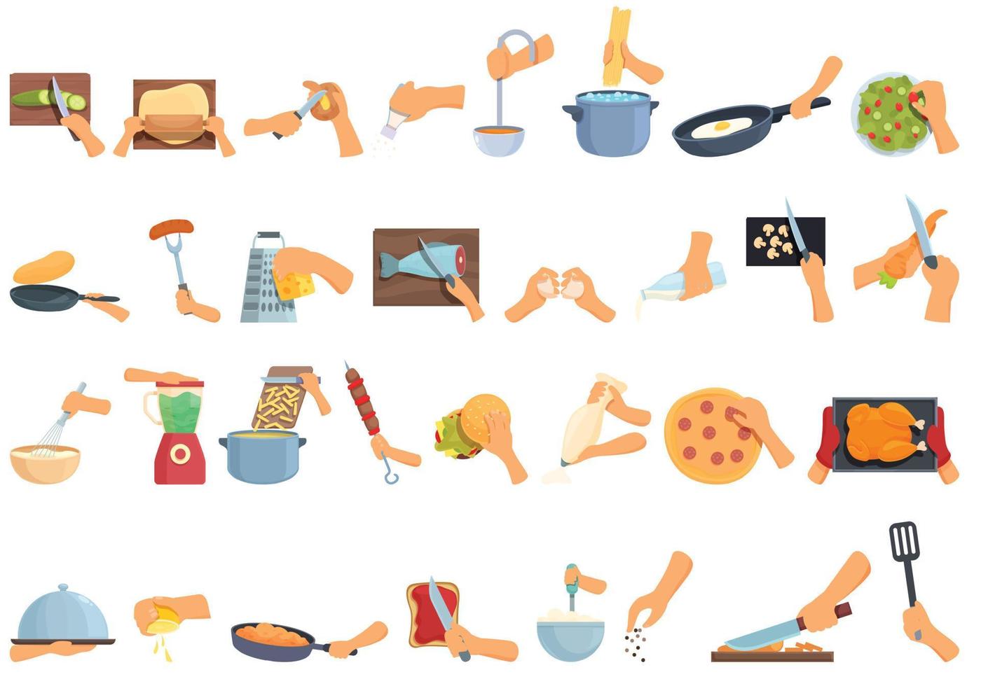 preparación alimentos iconos conjunto vector de dibujos animados. cocinar las manos