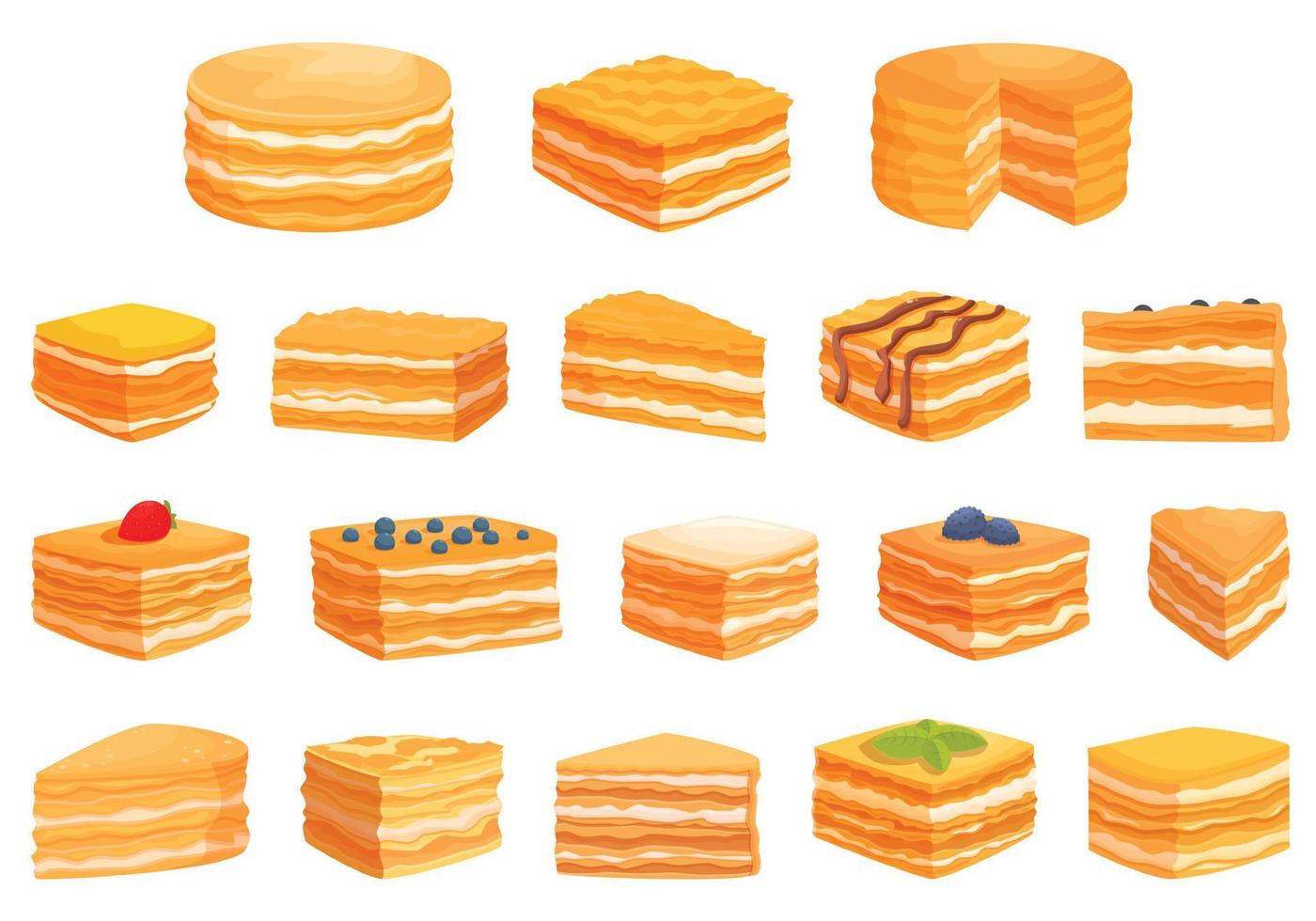 los iconos de la torta de napoleón establecen un vector de dibujos animados. comida de la boda