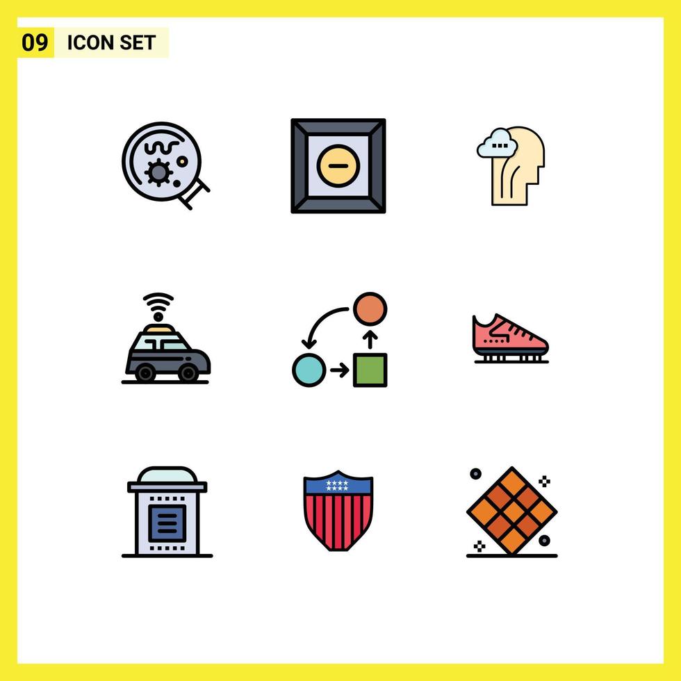 9 Thematic Vector Filledline Flat Colors and Editable Symbols of strategy office brain diagram location Editable Vector Design Elements