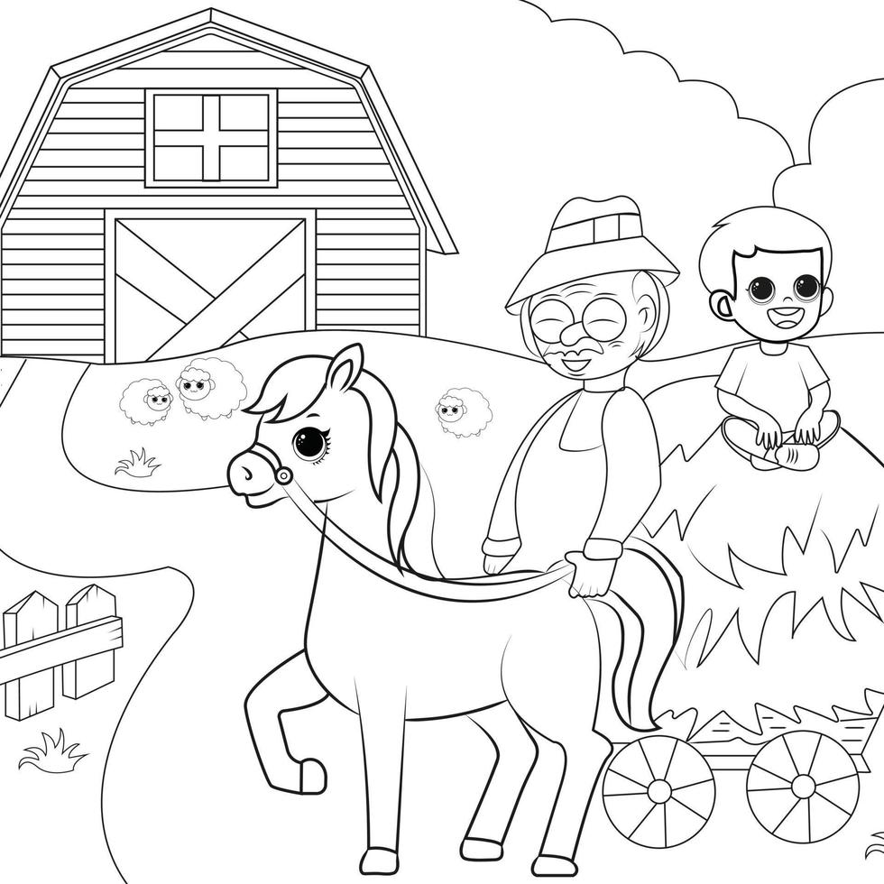 Color farm landscape. Educational coloring page for kids. vector