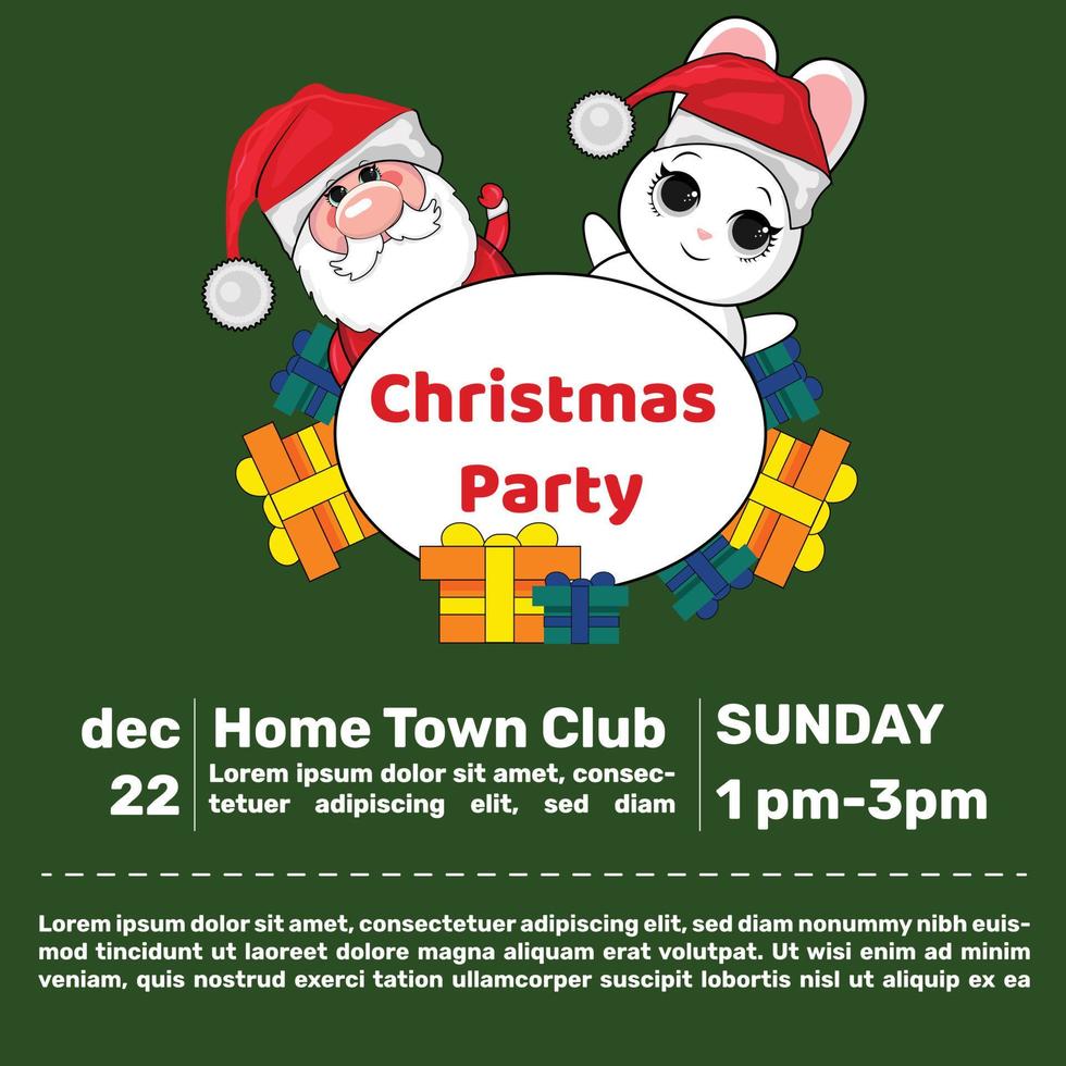 Christmas Party invitation template. Winter holiday illustration with a gingerbread man, an elf, a Santa Claus, a snowman and a little deer on a background of a snowfall. Vector 10 EPS.