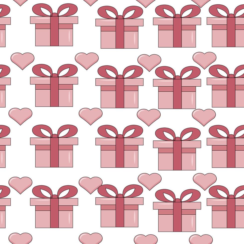 corazones y cajas de regalo de patrones sin fisuras. símbolos vectoriales de papel rojo y rosa de fondo de amor para el diseño de tarjetas de felicitación del día de la madre feliz o de San Valentín vector