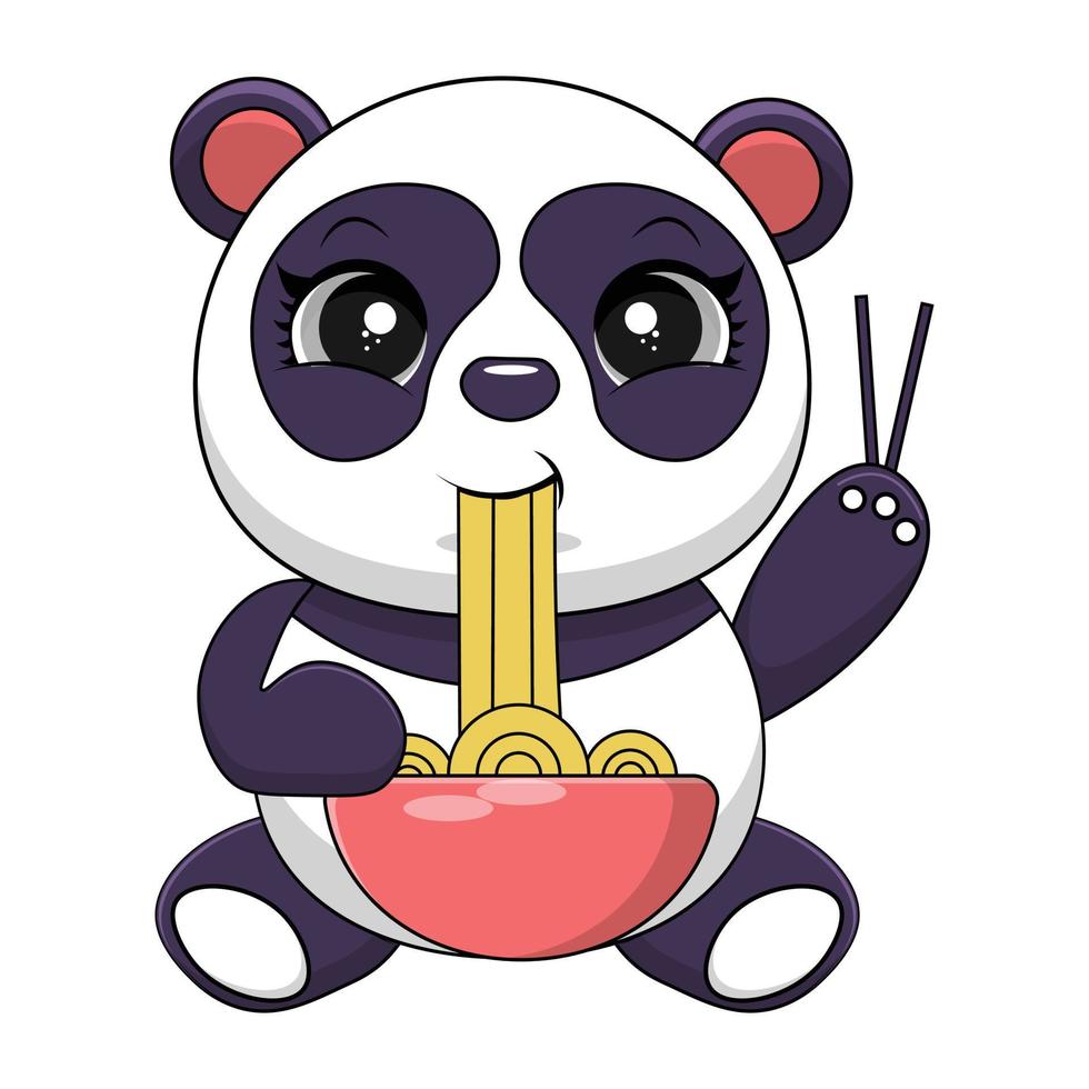 Cute Panda Eat Ramen Noodle Vector Icon Illustration. Panda Mascot Cartoon Character. Animal Icon Concept White Isolated. Flat Cartoon Style Suitable for Web Landing Page, Banner, Flyer, Sticker, Card