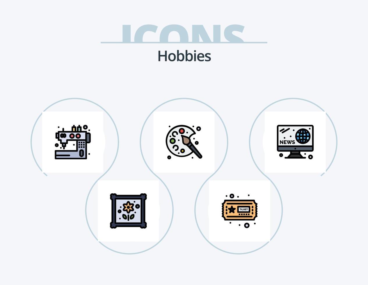 línea de pasatiempos paquete de iconos llenos 5 diseño de iconos. aficiones. micrófono pesca. pasatiempo. bolso vector