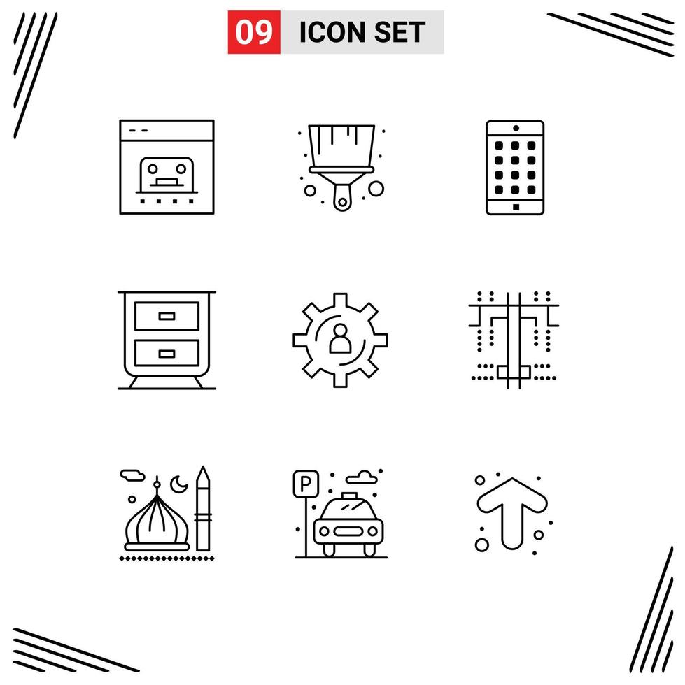 Pack of 9 creative Outlines of production gear application development drawer Editable Vector Design Elements