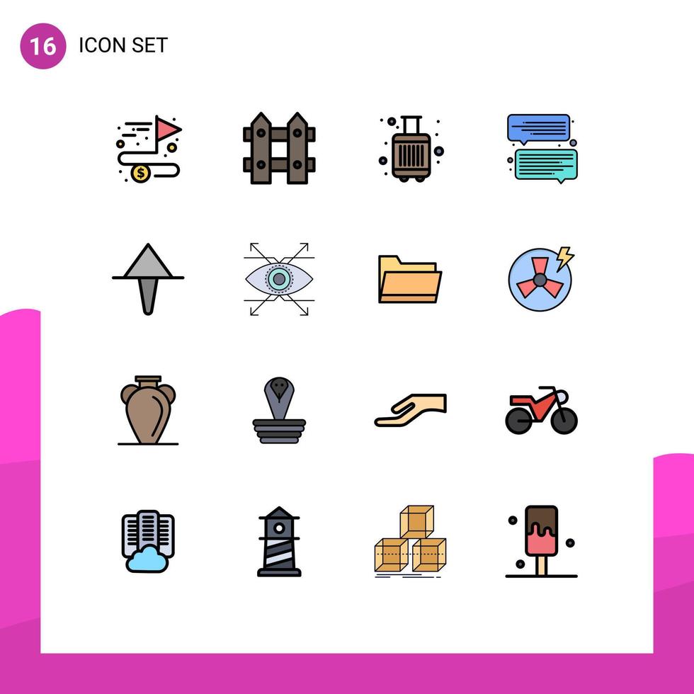 16 Universal Flat Color Filled Line Signs Symbols of up arrow baggage message chat Editable Creative Vector Design Elements