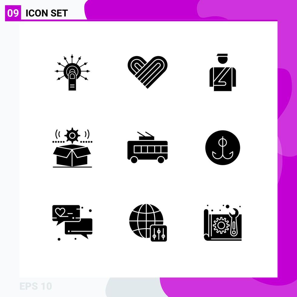 Modern Set of 9 Solid Glyphs Pictograph of bus gear bellboy wheel box Editable Vector Design Elements