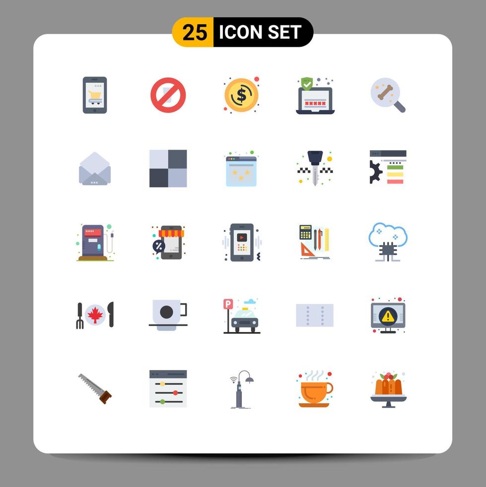 25 Universal Flat Color Signs Symbols of bone laptop ramadan security money Editable Vector Design Elements