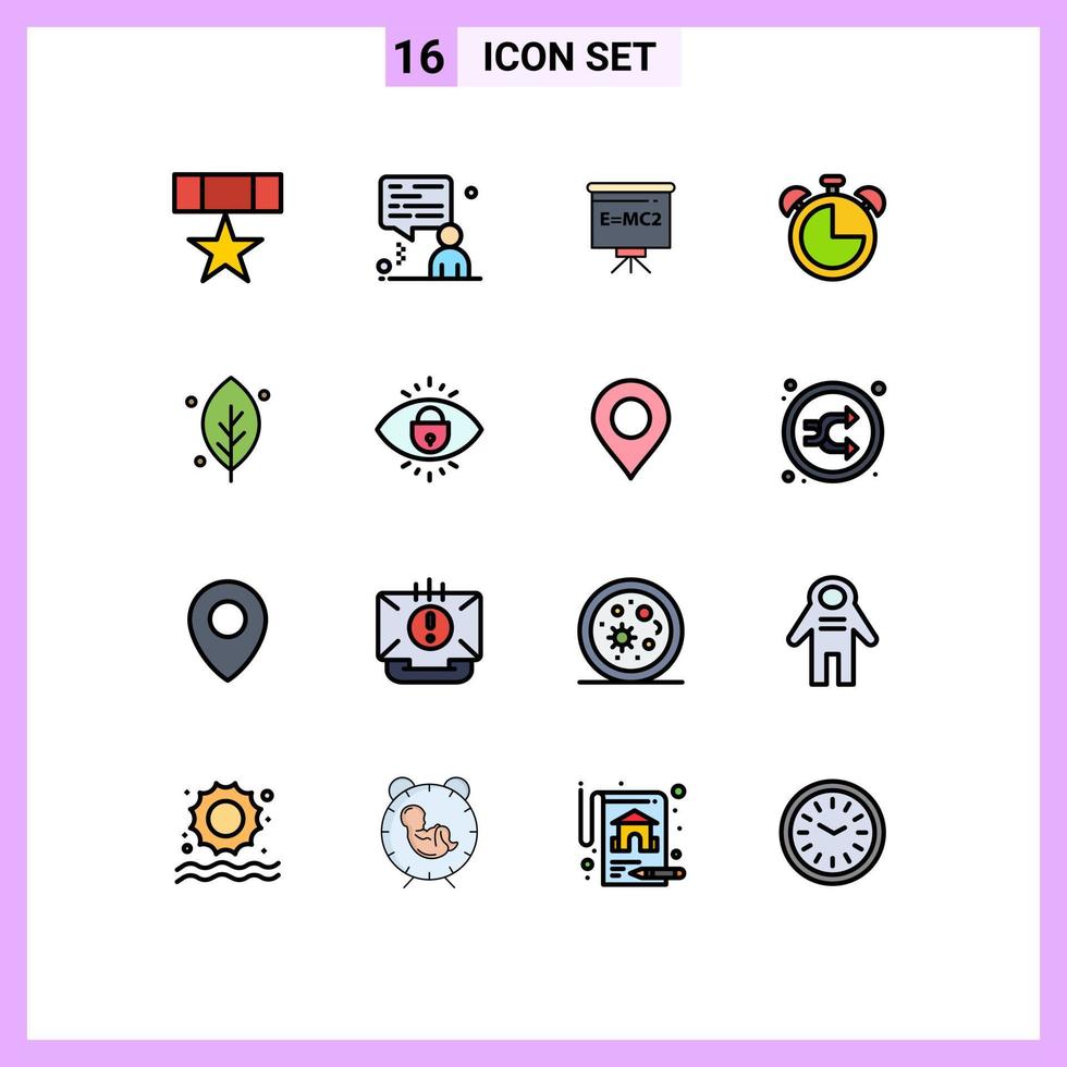 Pack of 16 Modern Flat Color Filled Lines Signs and Symbols for Web Print Media such as leaf timer classroom education alarm Editable Creative Vector Design Elements