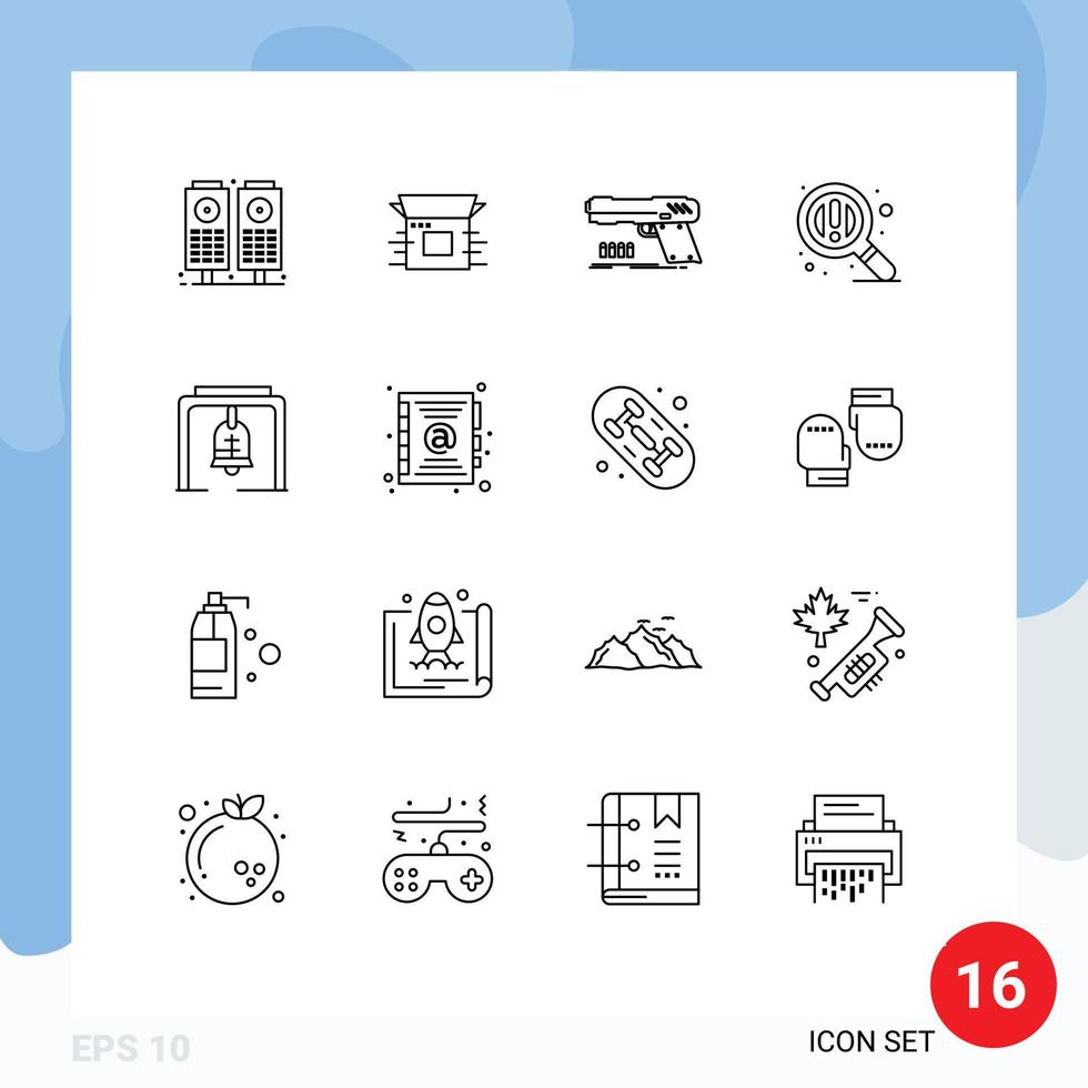 Mobile Interface Outline Set of 16 Pictograms of bell zoom gun search weapon Editable Vector Design Elements