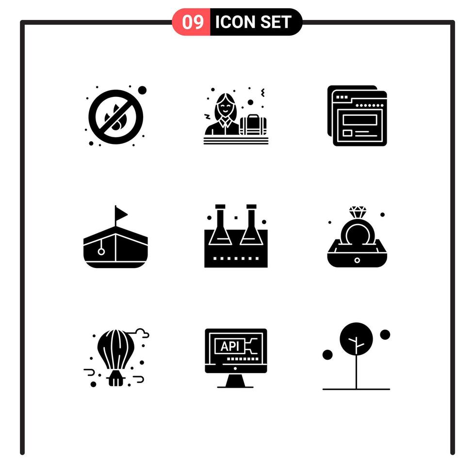 Pictogram Set of 9 Simple Solid Glyphs of lab glassware erlenmeyer flask template chemical flask transport Editable Vector Design Elements