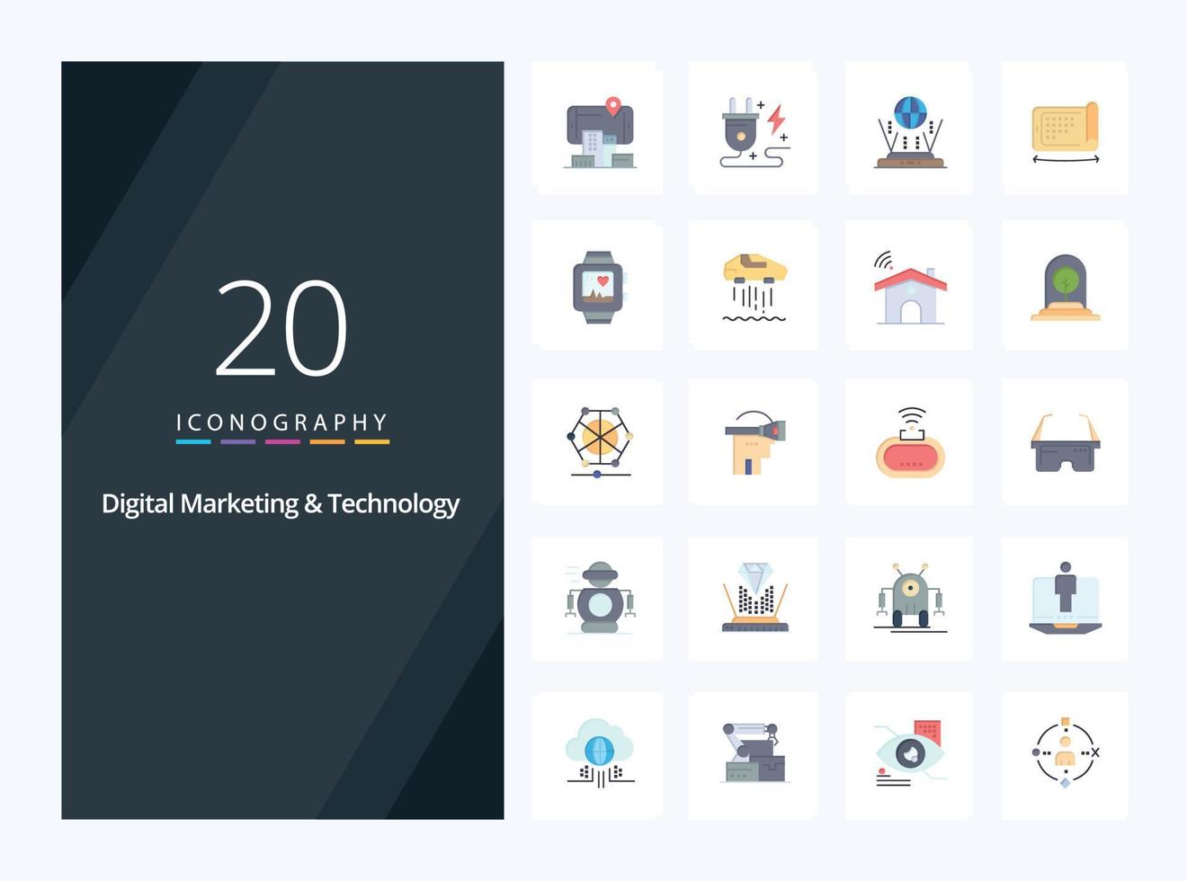 20 iconos de color plano de tecnología y marketing digital para presentación vector