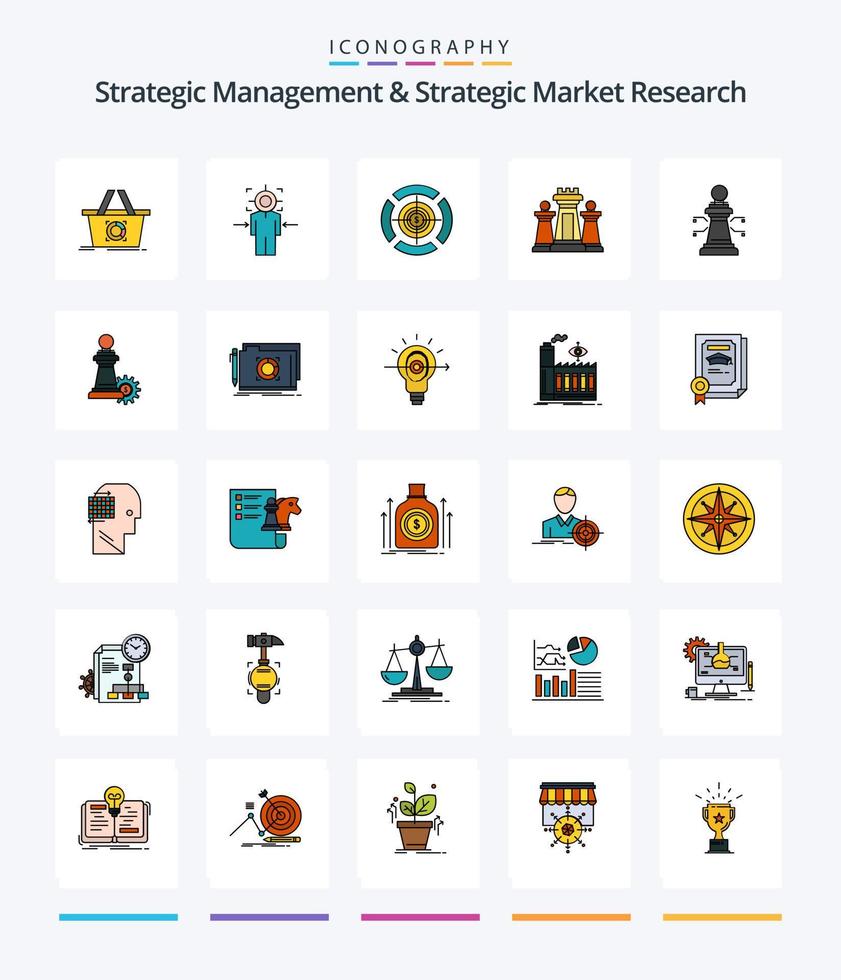 Creative Strategic Management And Strategic Market Research 25 Line FIlled icon pack  Such As technology. strategy. goal. computer. dollar vector