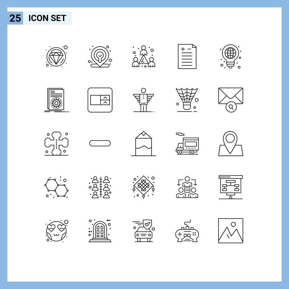 Modern Set of 25 Lines Pictograph of pen globe staff bulb test Editable Vector Design Elements