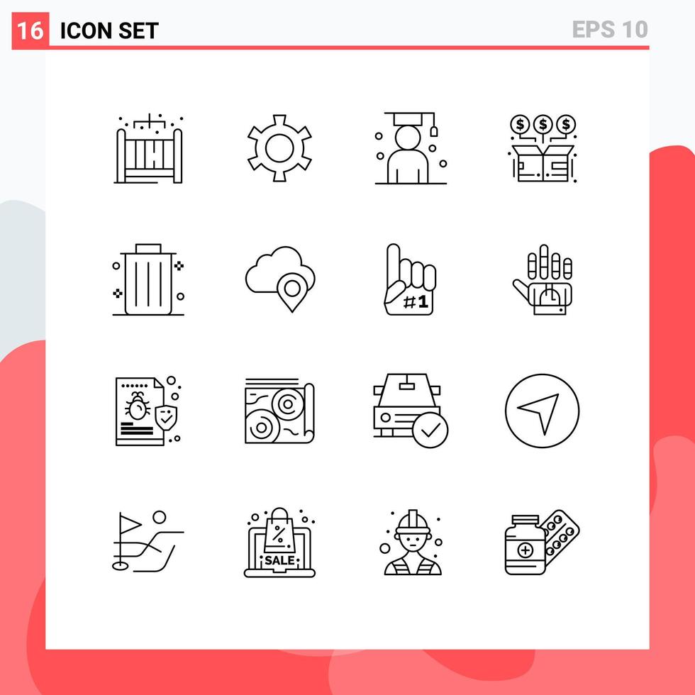 Modern Set of 16 Outlines and symbols such as dustbin online graduation money buy Editable Vector Design Elements
