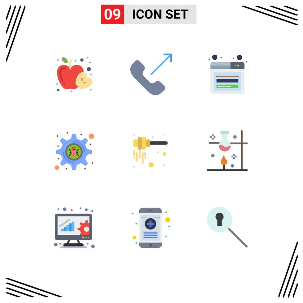 Mobile Interface Flat Color Set of 9 Pictograms of honey dipper dipper account setting bug cyber crime Editable Vector Design Elements