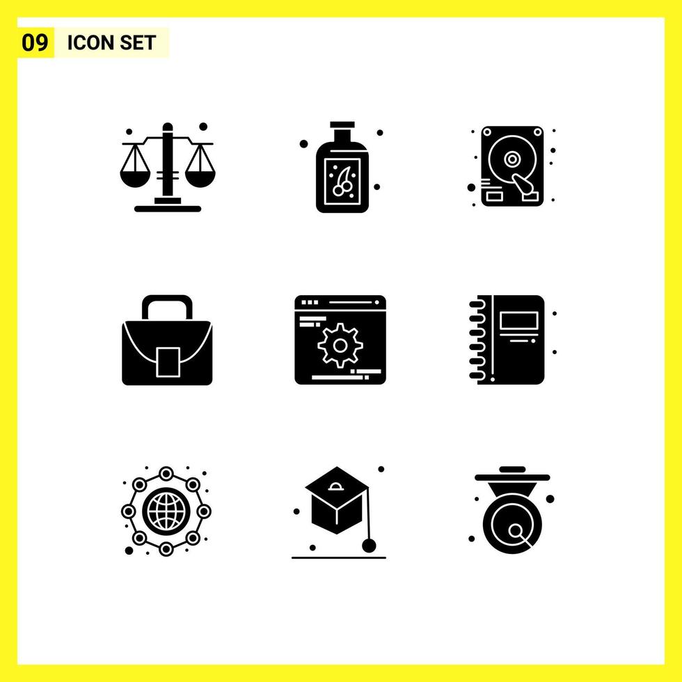 9 Universal Solid Glyphs Set for Web and Mobile Applications back to school gear hard disk development global Editable Vector Design Elements
