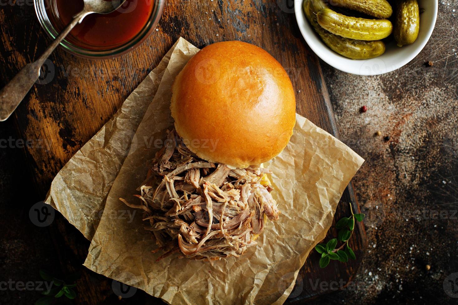 Pulled pork sandwich on a brioche bun photo