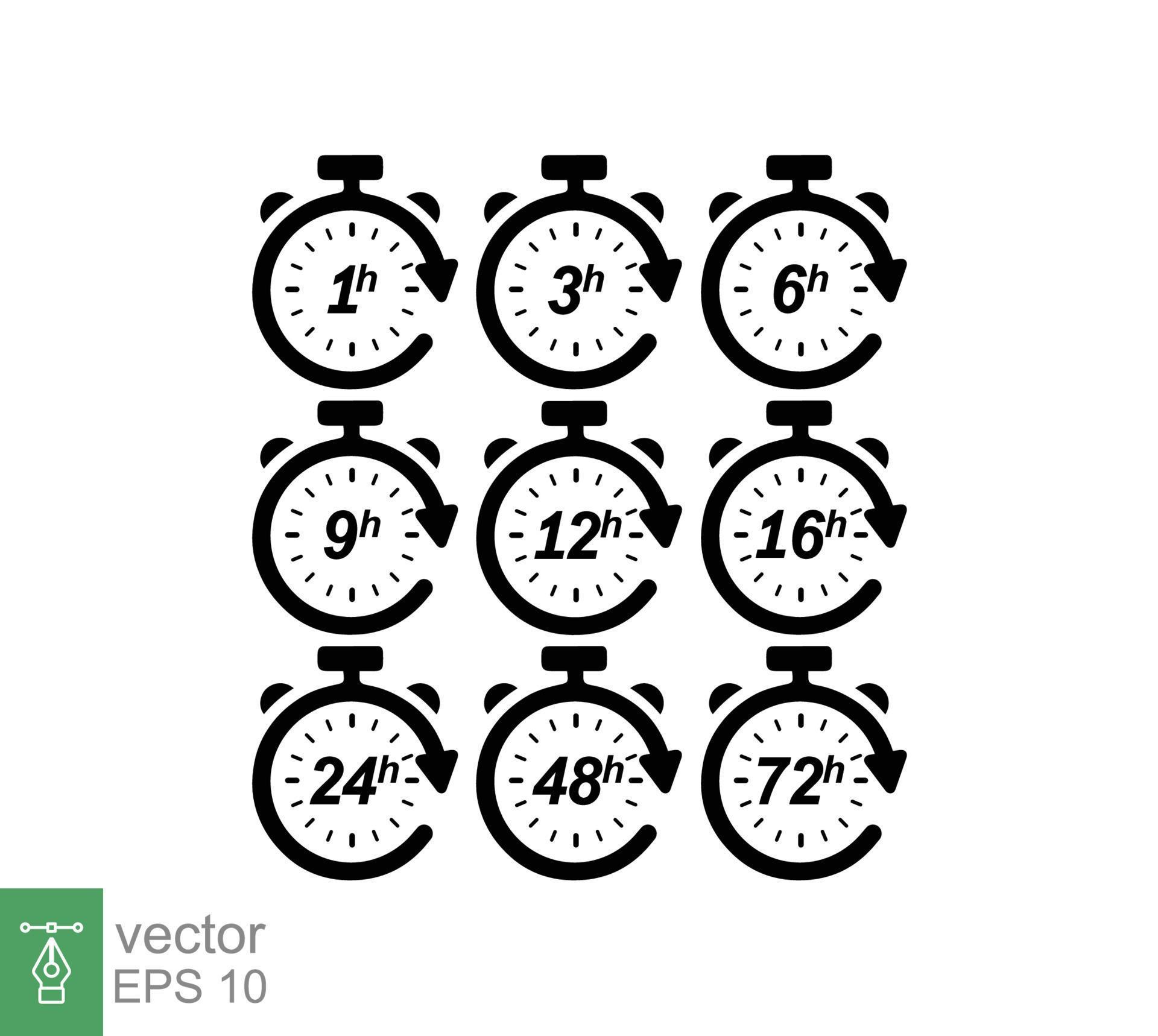 Hour icon set. Clock arrow 1, 3, 6, 9, 12, 16, 24, 48, 72 hours. Set of