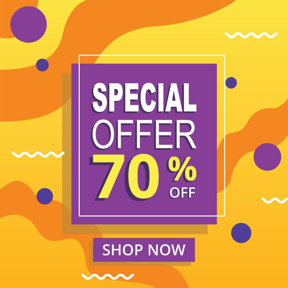 Special offer banner with yellow background. Promo sale, discount price up to 70 off, purple tag, mega event, flyer template for business promotion. Vector design illustration EPS 10.