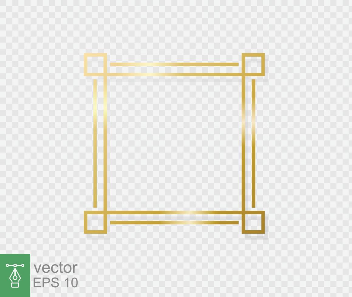 Golden border frame with light shadow and light affects. Gold decoration in minimal style. Graphic metal foil element in geometric thin line rectangle shape. Vector illustration EPS 10.