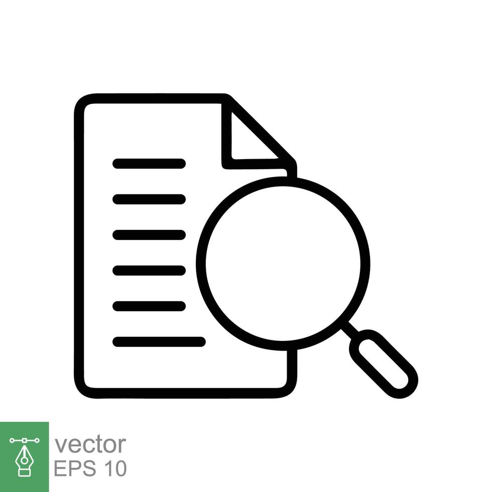 icono de estudio de caso. estilo de esquema simple. documento de aumento, investigación, informe, papel con vidrio de búsqueda, concepto de búsqueda. ilustración de vector de línea aislada sobre fondo blanco. eps 10.