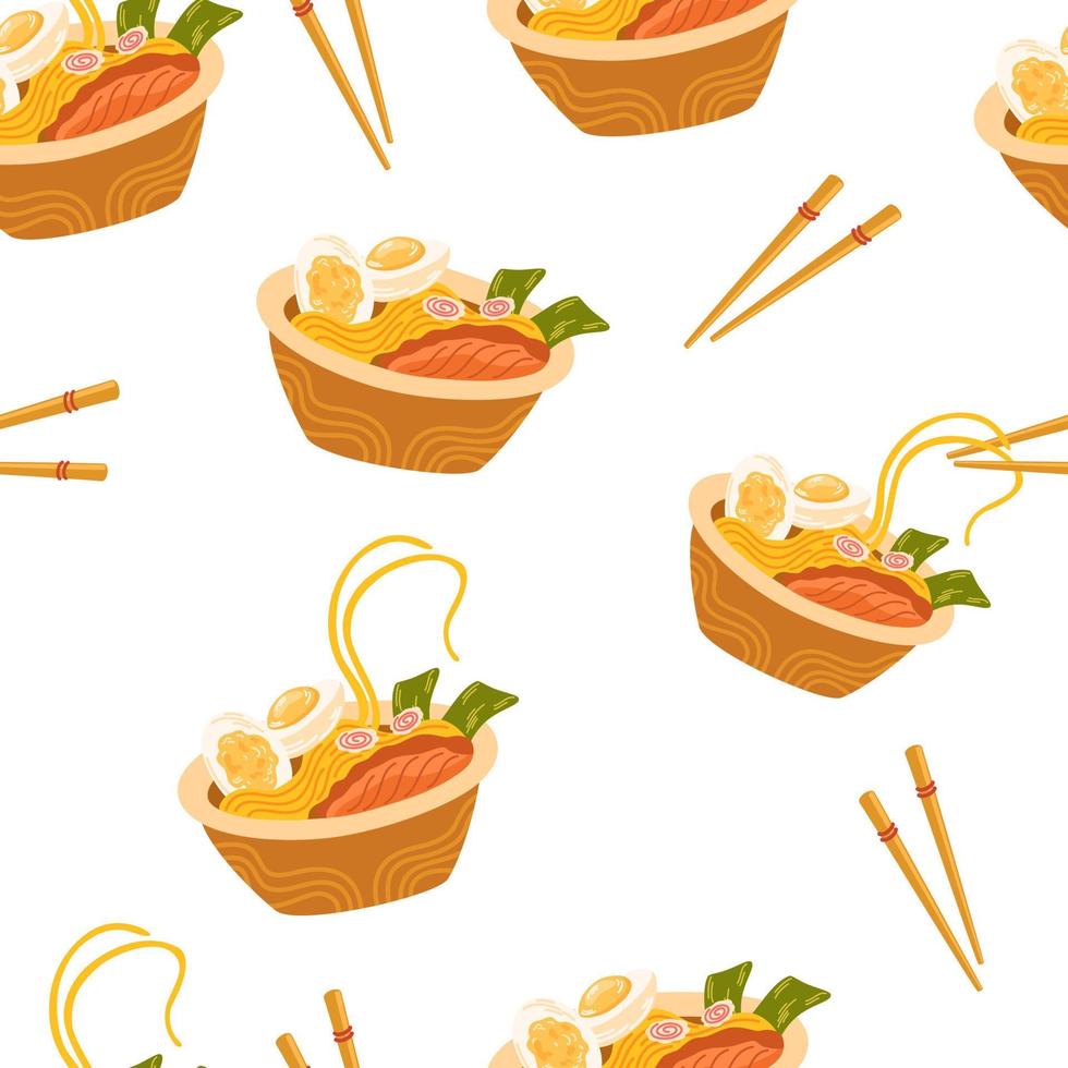 Ramen noodle seamless pattern. Asian food background. Perfect for restaurant cafe and print menus. Vector hand draw cartoon illustration.