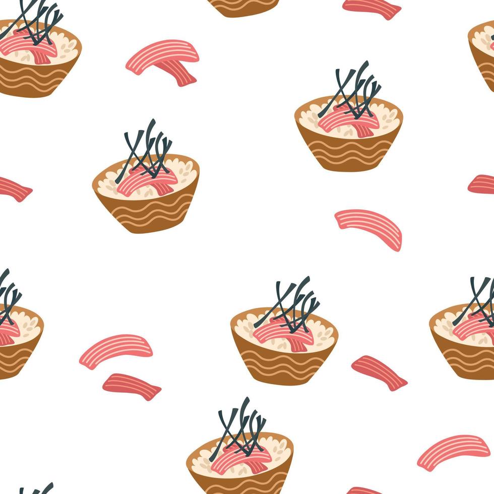 poke bowl de patrones sin fisuras. poke bowl con arroz, verduras, huevo, carne, pescado, gambas y algas. perfecto para la cafetería del restaurante y los menús impresos. dibujo a mano vectorial ilustración de dibujos animados. vector