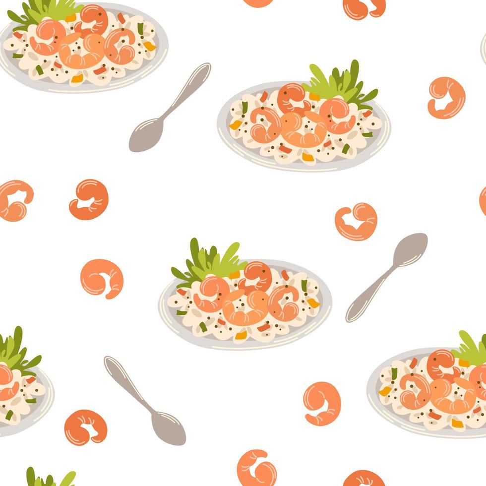 arroz con patrones sin fisuras de camarones. fondo de comida asiática. poke bowl con arroz, huevo, carne, pescado y algas. perfecto para la cafetería del restaurante y los menús impresos. dibujo a mano vectorial ilustración de dibujos animados. vector