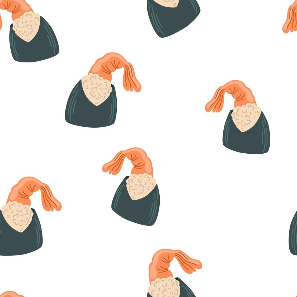 Onigiri with shrimp. seamless pattern. Asian food background. Perfect for restaurant cafe and print menus. Vector hand draw cartoon illustration.