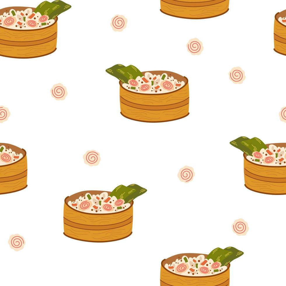 Poke bowl seamless pattern. Asian food background. Poke bowl with rice, egg, meat, fish, shrimp and seaweed. Perfect for restaurant cafe and print menus. Vector hand draw cartoon illustration.