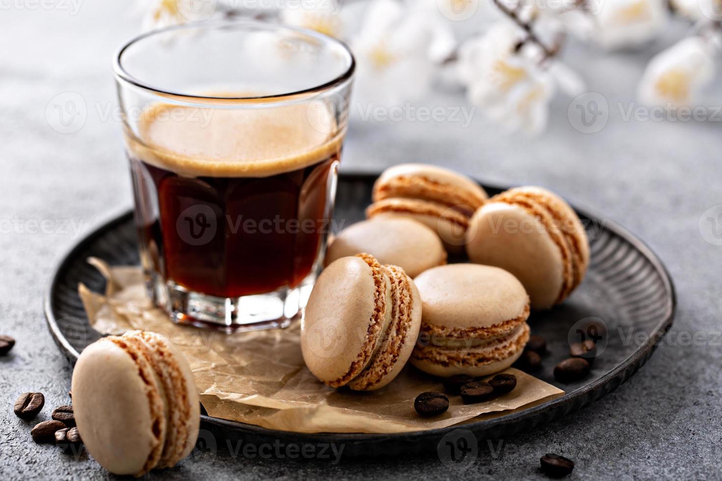 Coffee or chocolate macarons on a tray photo