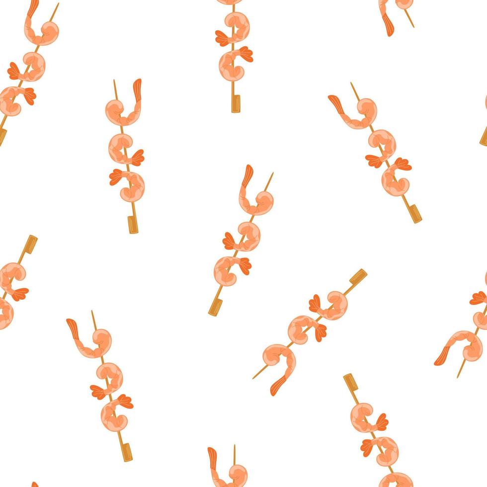 Shrimp on a stick seamless pattern. Asian food background. Perfect for restaurant cafe and print menus. Vector hand draw cartoon illustration.