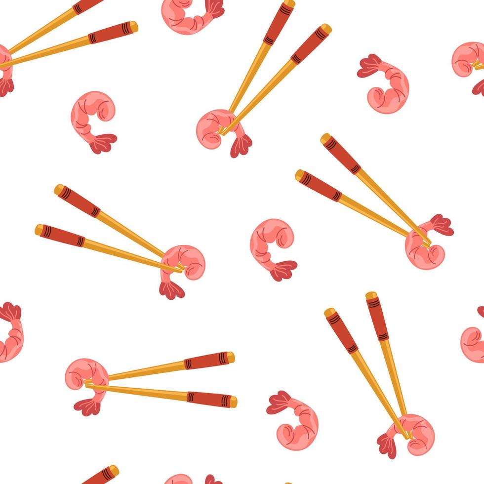 Shrimp in chopsticks seamless pattern. Cooked tiger prawn. Asian food background. Perfect for restaurant cafe and print menus. Vector hand draw cartoon illustration.