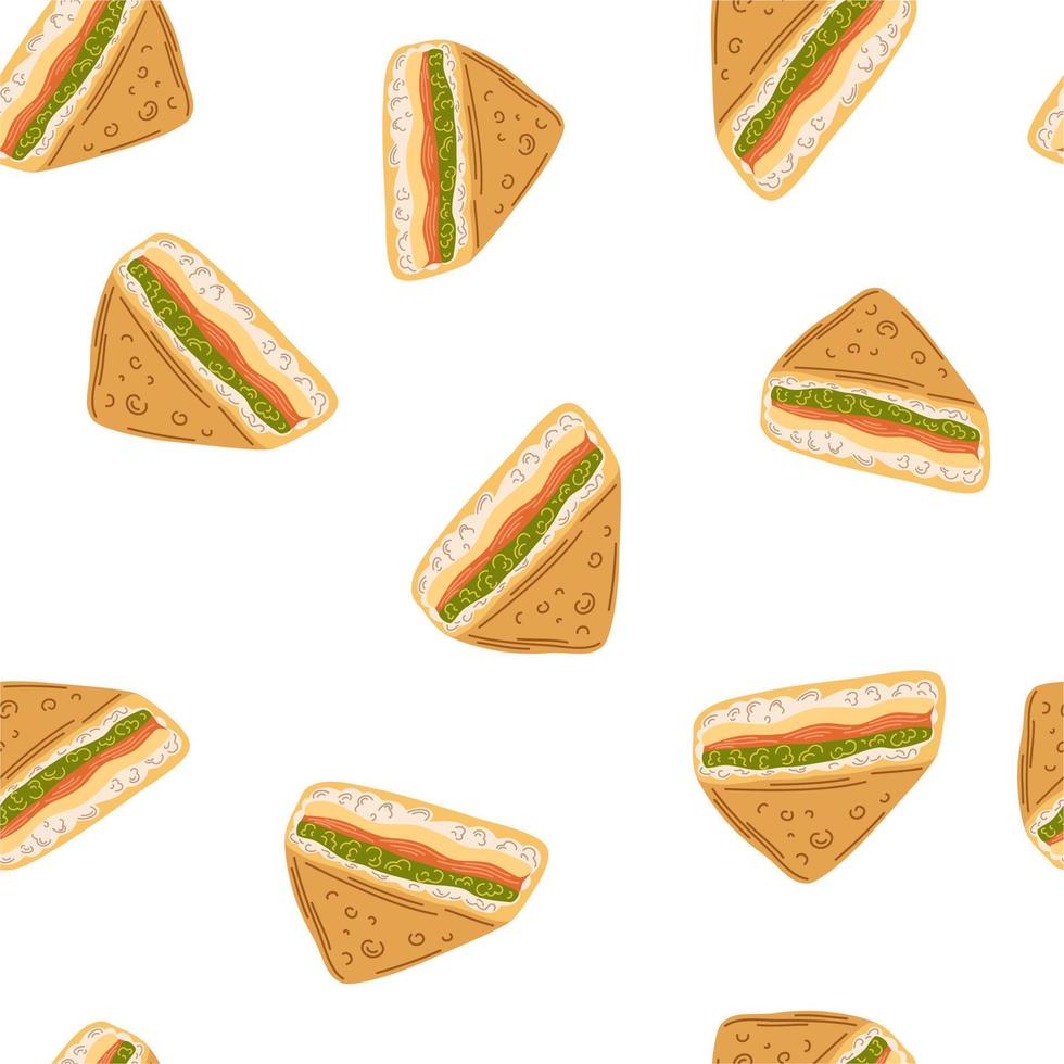 Sandwich with omelet seamless pattern. Asian food background. Perfect for restaurant cafe and print menus. Vector hand draw cartoon illustration.