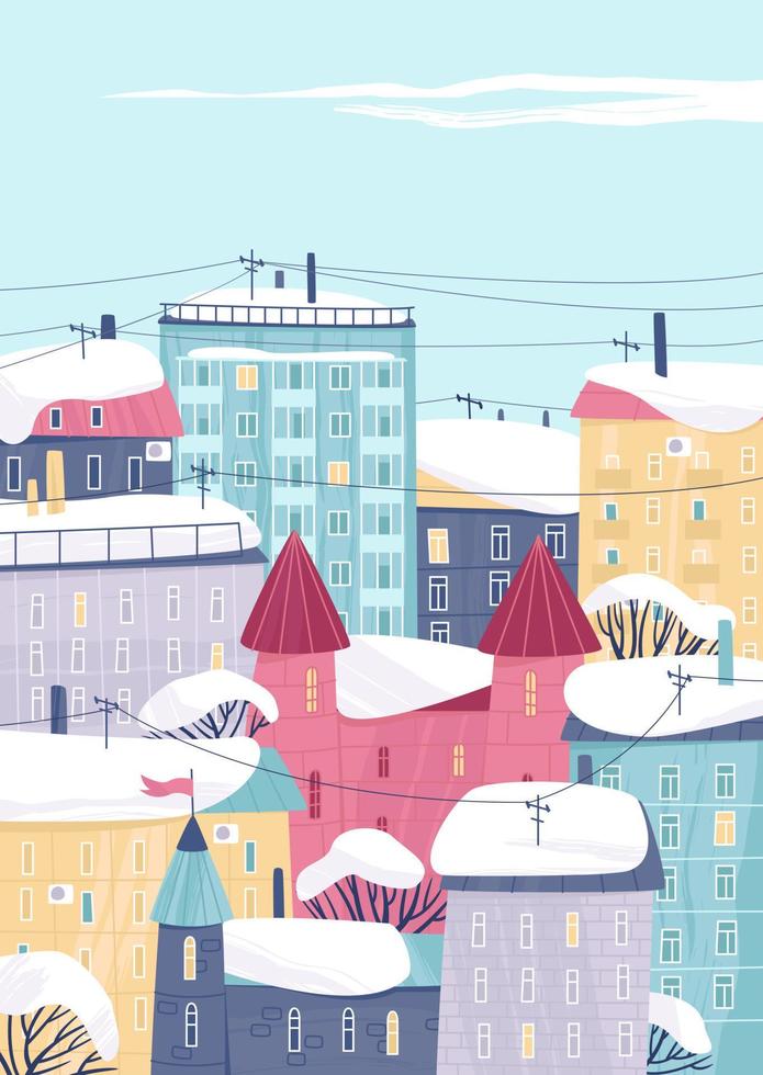 postal de la ciudad de invierno con casas de colores en la nieve vector