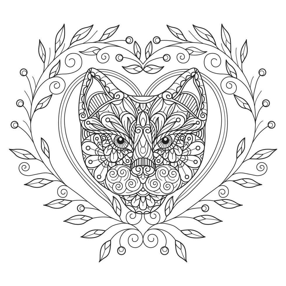 Cat and heart hand drawn for adult coloring book vector