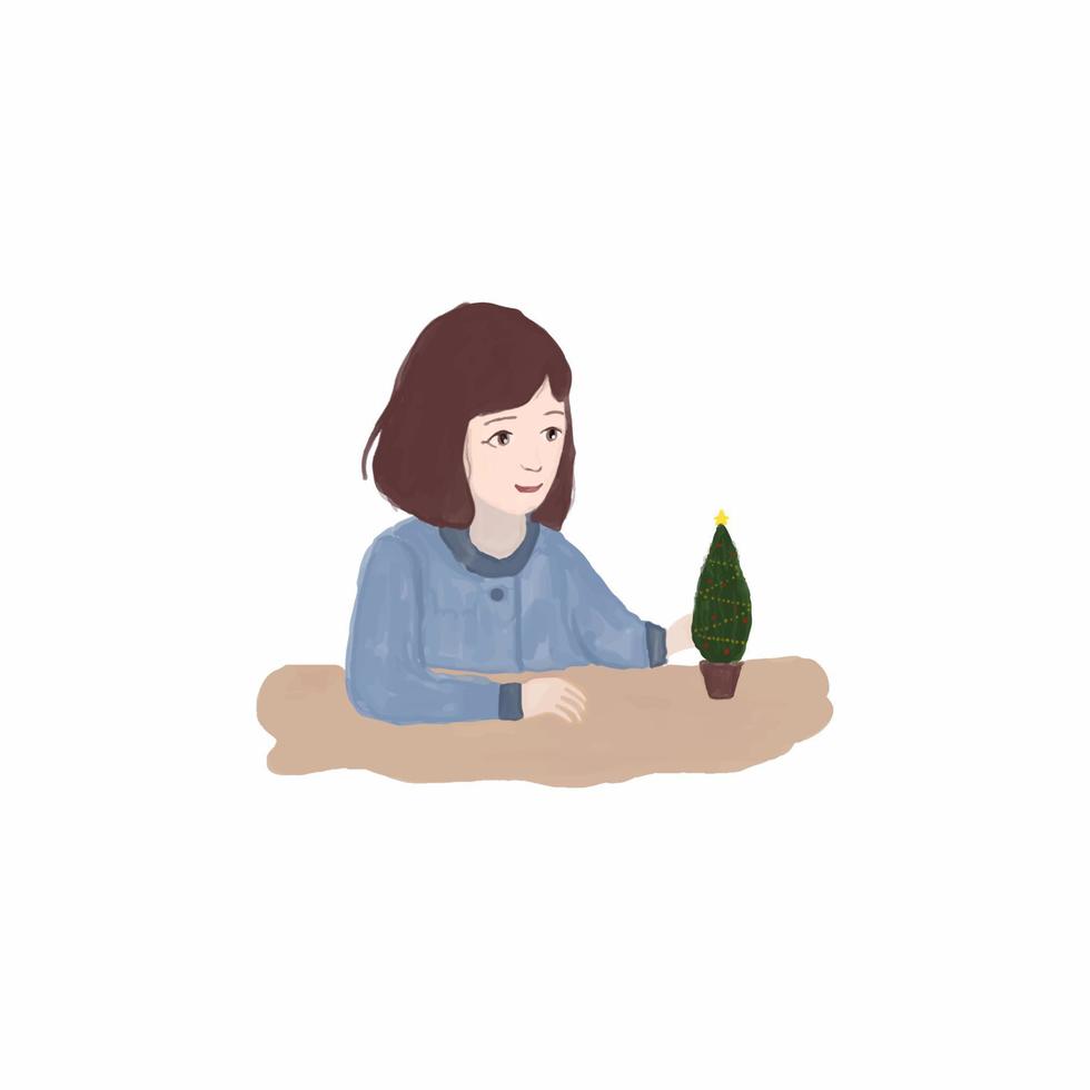 A little girl is sitting next to the Christmas tree. vector