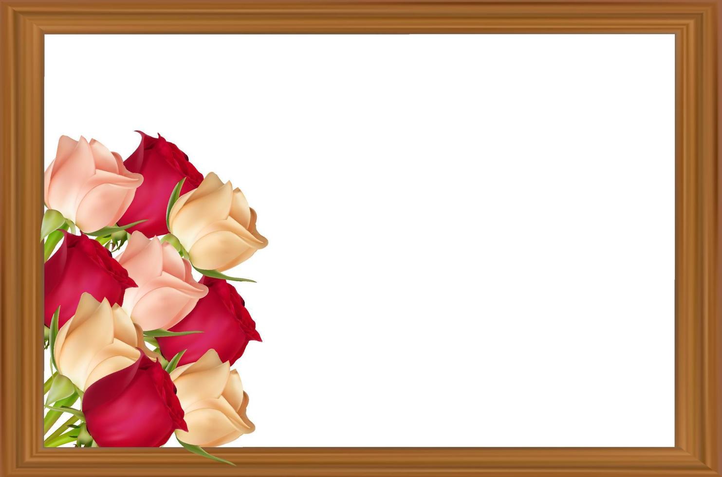 Pink, red and white roses in a wooden frame on a white background with copy space. Concept of mother's day, valentine's day, women's day. Vector image