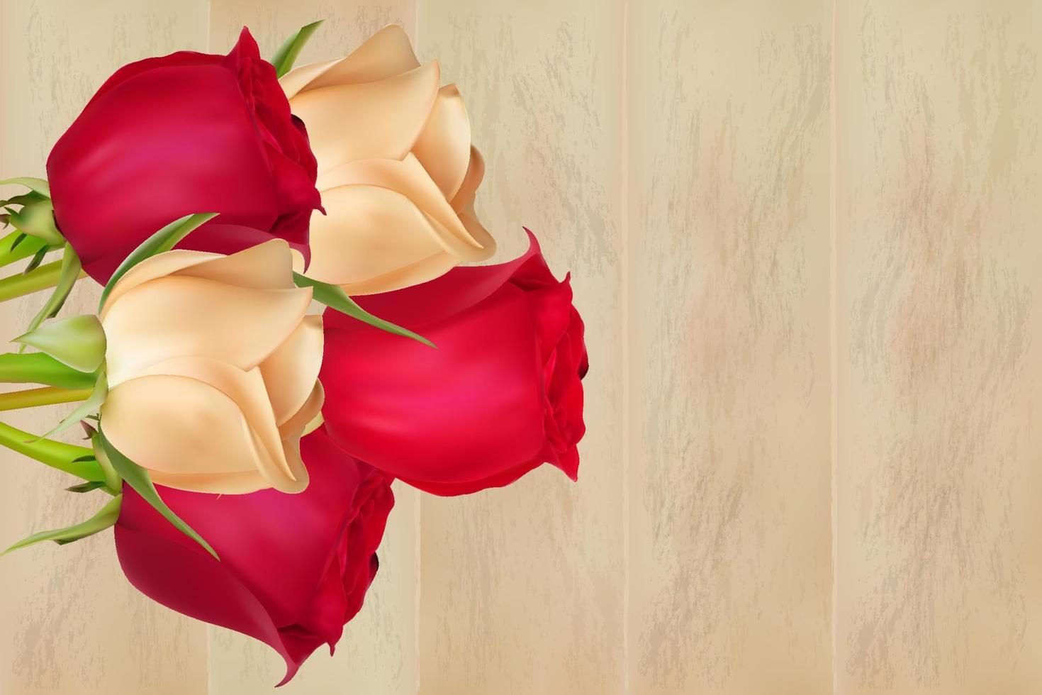 ramo de rosas blancas y rojas sobre un fondo de madera. el concepto de día de san valentín, día de la madre, día de la mujer. imagen vectorial vector