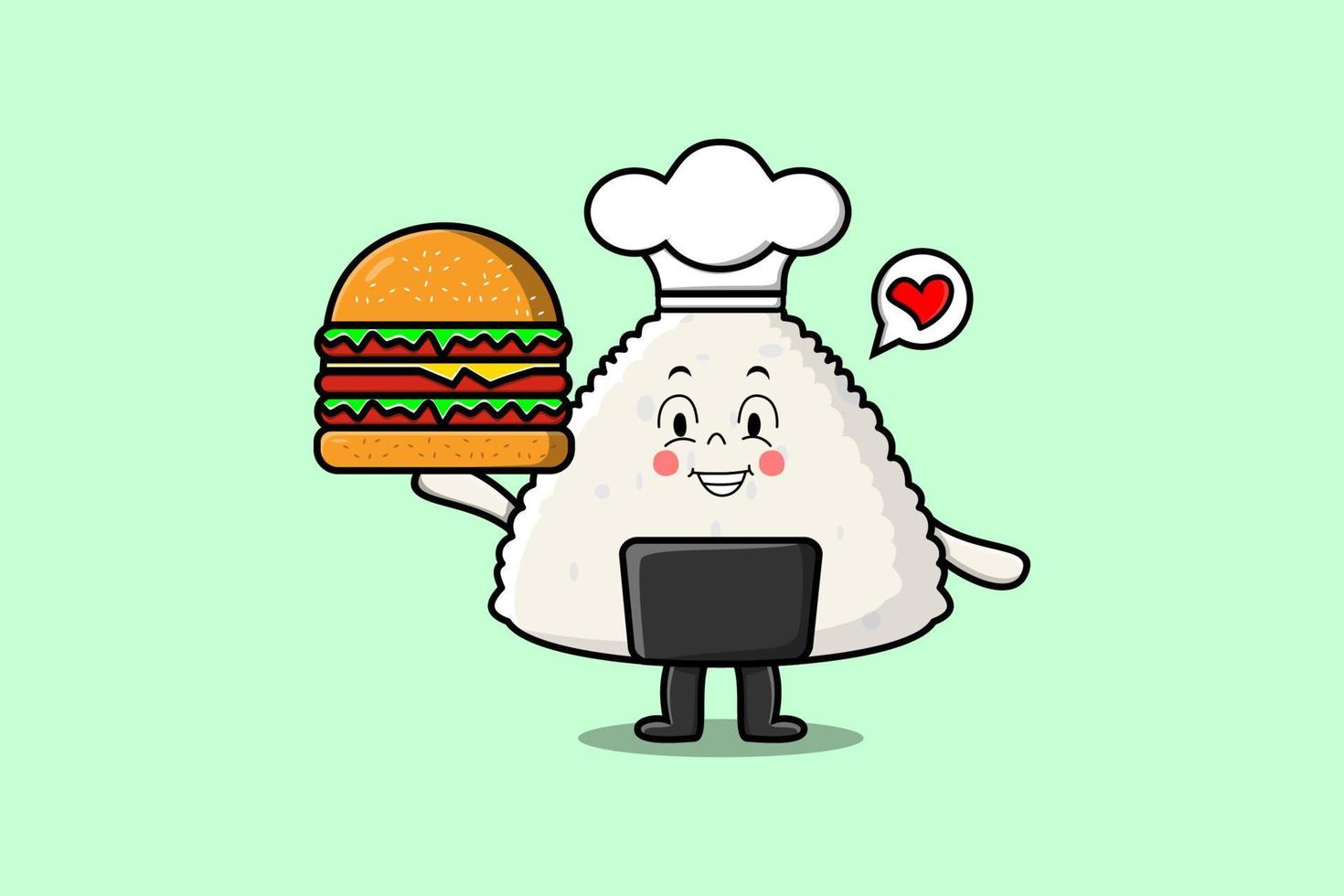 Cute cartoon Rice japanese sushi chef hold burger vector