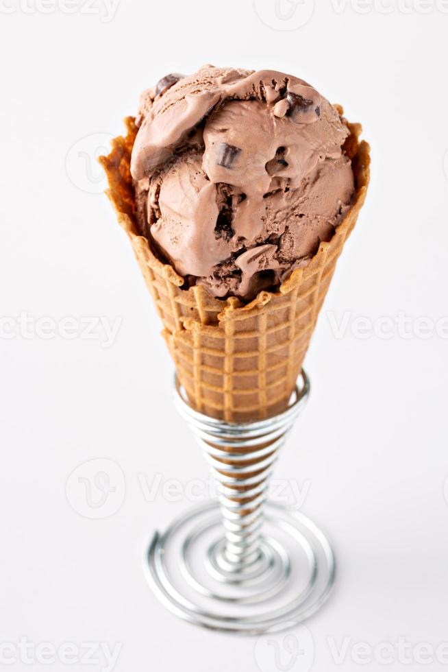 Chocolate ice cream in a waffle cone photo