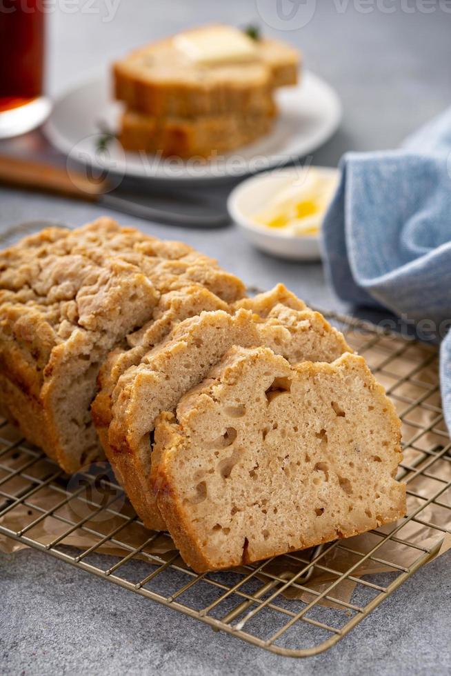 Beer bread on a cooling rack sliced and ready to eat photo