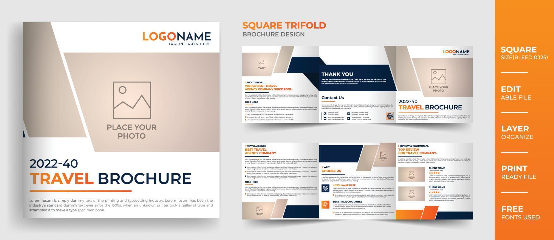 Travel agency brochure template design, 8-page square travel agency company profile brochure template vector