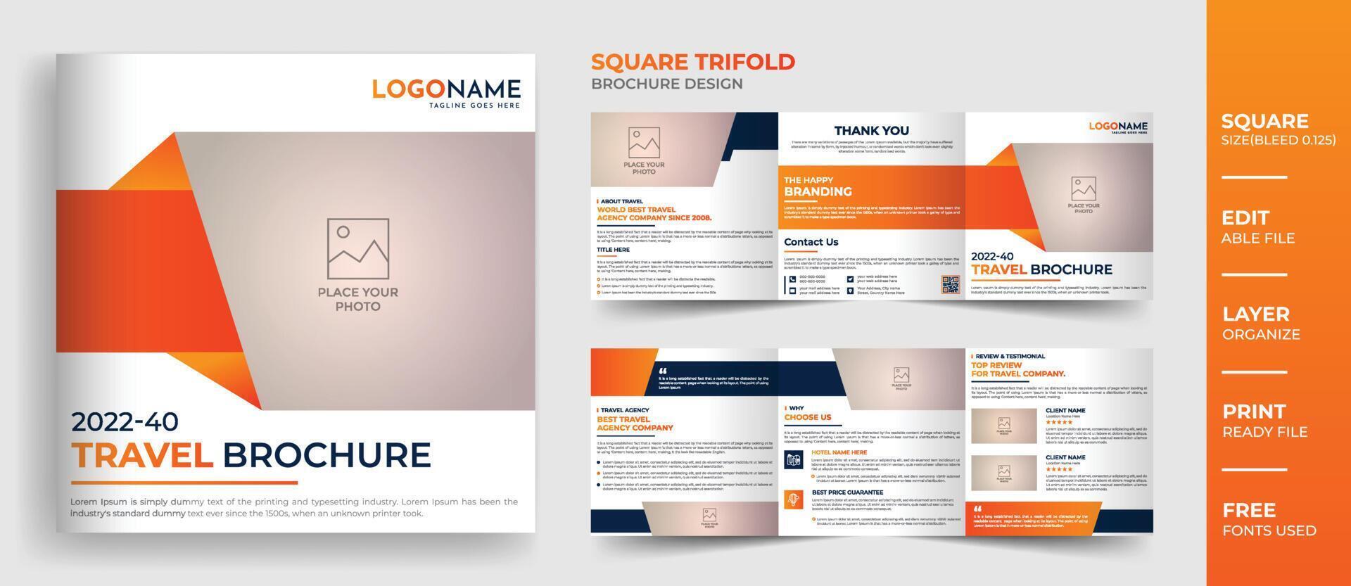 8 Page square multipurpose travel agency brochure design, creative travel company profile template vector