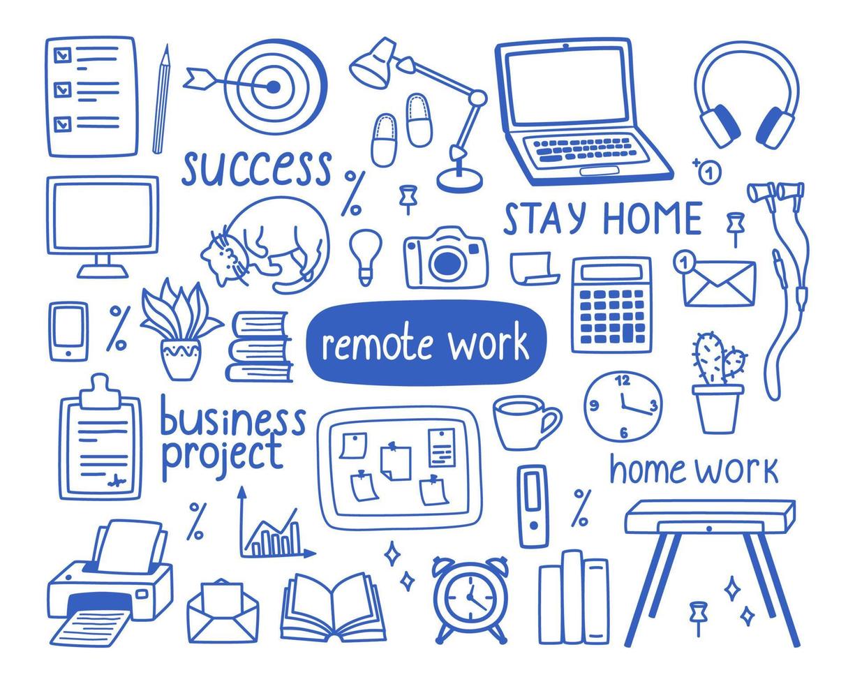 A set of contour elements on the topic of work from home, the concept of freelancing, quarantine. Vector illustration in doodle style for banners and websites.