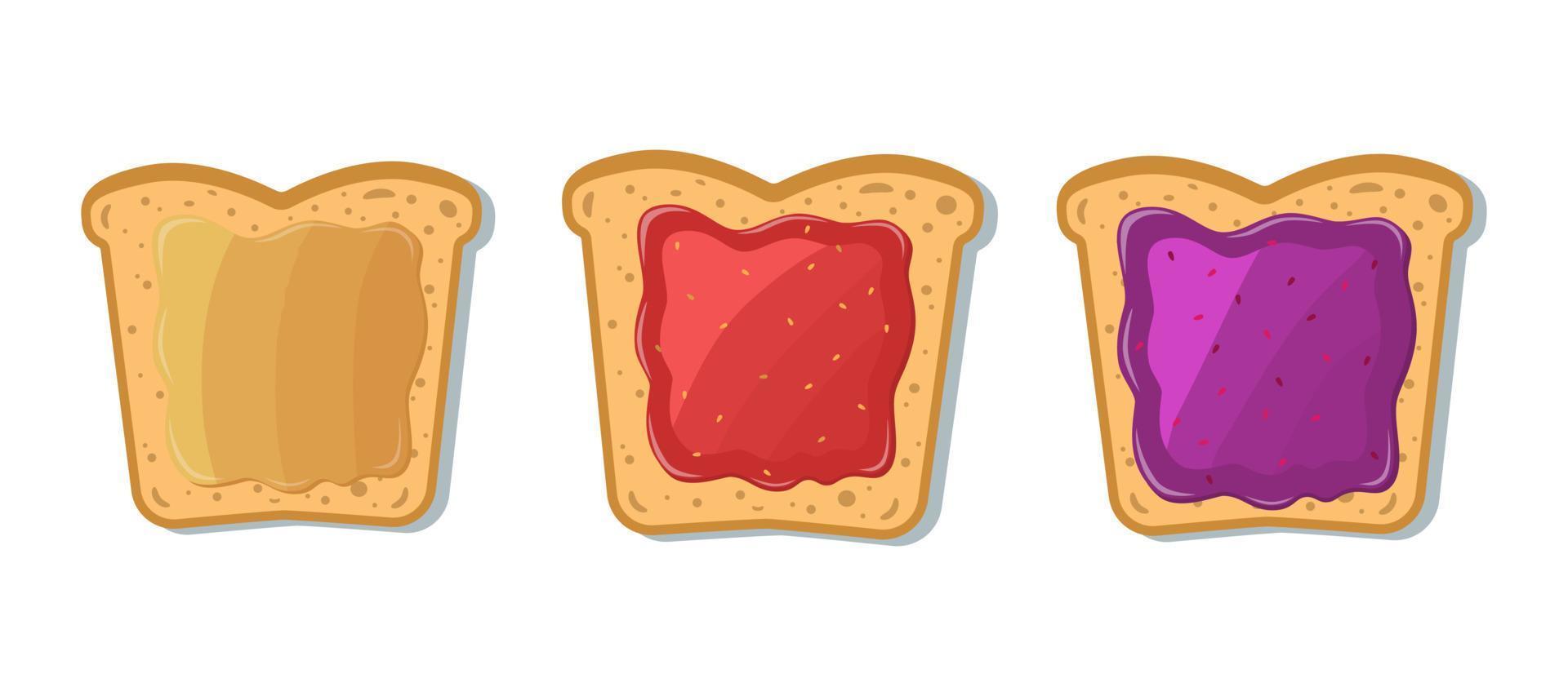 juego de tostadas con mermelada y mantequilla de maní. ilustración vectorial en estilo de dibujos animados. vector