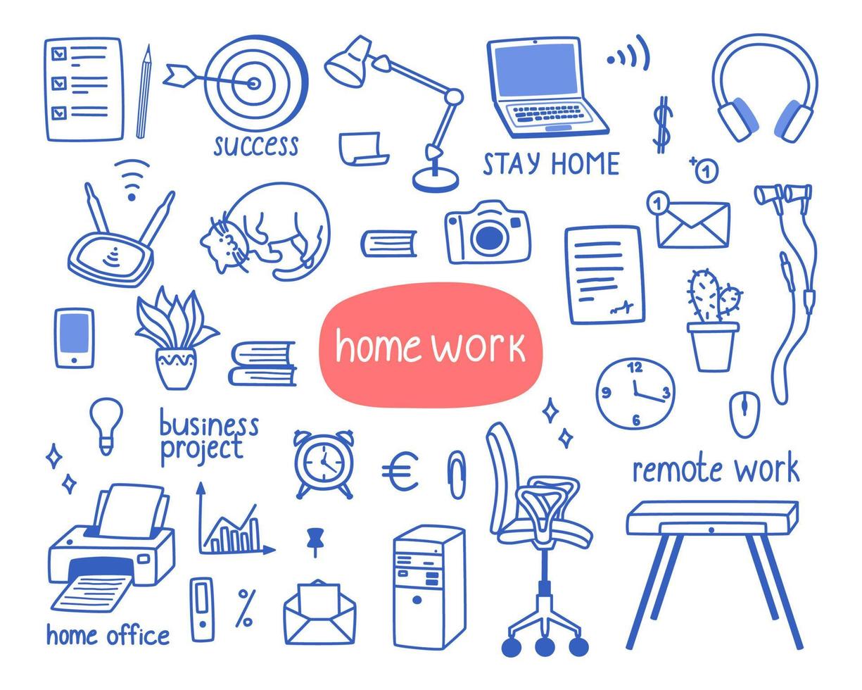 Cute set of objects on the theme of working from home, the period of isolation. Vector illustration in Doodle style for banners and websites.